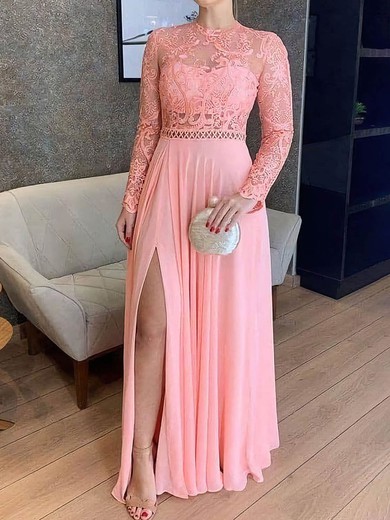 A-line High Neck Chiffon Tulle Modest Prom Dresses With Appliques #UKM020114663