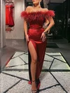 Sheath/Column Off-the-shoulder Silk-like Satin Floor-length Prom Dresses With Feathers / Fur #UKM020114665