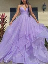 Princess V-neck Glitter Sweep Train Prom Dresses With Cascading Ruffles #UKM020114671