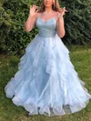 Princess V-neck Tulle Floor-length Prom Dresses With Cascading Ruffles #UKM020114690