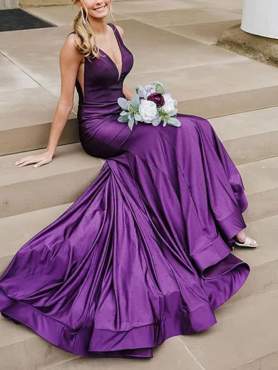 Trumpet Mermaid V neck Silk like Satin Sweep Train Prom Dresses With Beading