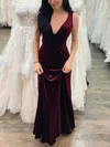 A-line V-neck Velvet Floor-length Prom Dresses #UKM020114698