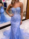 Trumpet/Mermaid Sweetheart Tulle Sweep Train Prom Dresses With Appliques Lace #UKM020114701