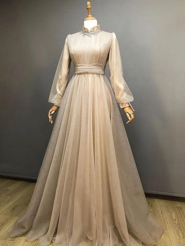 Ball Gown High Neck Long Sleeves Tulle Prom Dresses With Ruched #UKM020114704