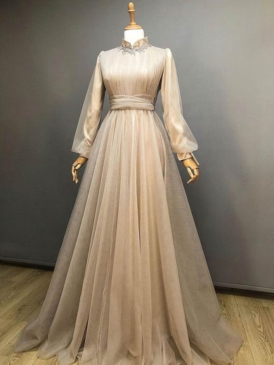 Ball Gown High Neck Long Sleeves Tulle Prom Dresses With Ruched #UKM020114704