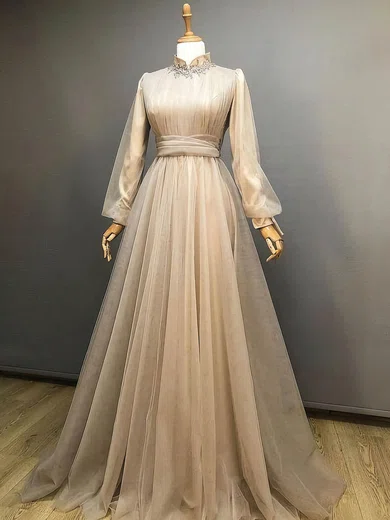 Ball Gown High Neck Long Sleeves Tulle Prom Dresses With Ruched #UKM020114704