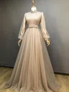 Ball Gown High Neck Long Sleeves Tulle Prom Dresses With Ruched #UKM020114704