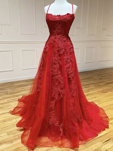 A-line Square Neckline Tulle Sweep Train Prom Dresses With Beading #UKM020114714
