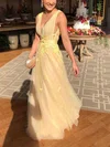 A-line V-neck Tulle Floor-length Prom Dresses With Sashes / Ribbons #UKM020114719