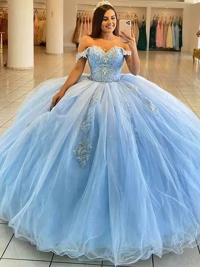 Ball Gown Off-the-shoulder Tulle Floor-length Prom Dresses With Appliques Lace #UKM020114721