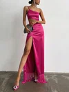 Sheath/Column One Shoulder Silk-like Satin Floor-length Prom Dresses With Split Front #UKM020114729