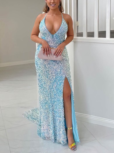 Sheath/Column V-neck Sequined Sweep Train Prom Dresses With Split Front #UKM020114731