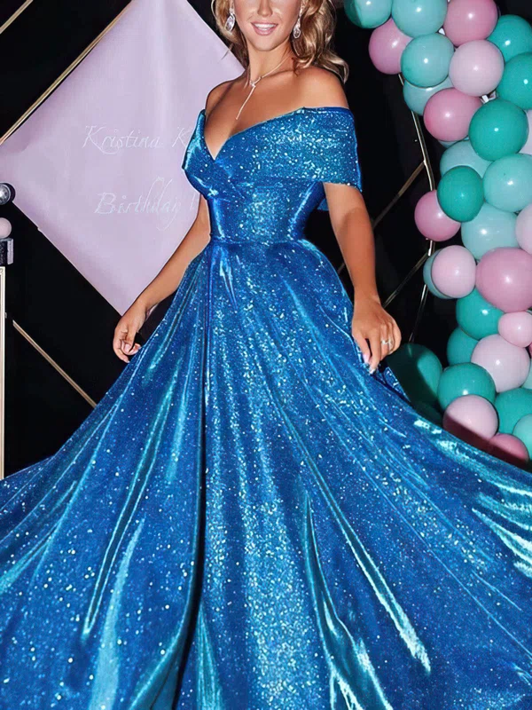 Ball Gown/Princess Off-the-shoulder Shimmer Crepe Sweep Train Prom Dresses #UKM020114738