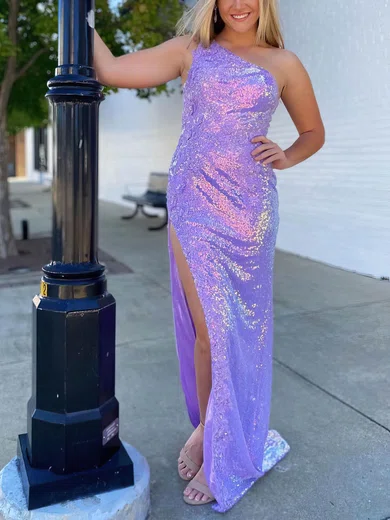 Sheath/Column One Shoulder Sequined Sweep Train Prom Dresses With Flower(s) #UKM020114740