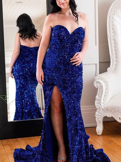 Trumpet/Mermaid Sweetheart Sequined Sweep Train Prom Dresses With Split Front #UKM020114749