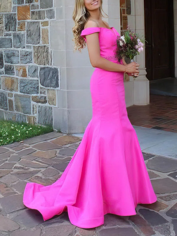 Trumpet/Mermaid Off-the-shoulder Satin Sweep Train Prom Dresses With Sashes / Ribbons #UKM020114751