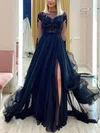 A-line Scoop Neck Tulle Sweep Train Prom Dresses With Split Front #UKM020114753