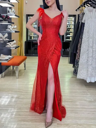 Sheath/Column V-neck Tulle Sequined Sweep Train Prom Dresses With Feathers / Fur #UKM020114754