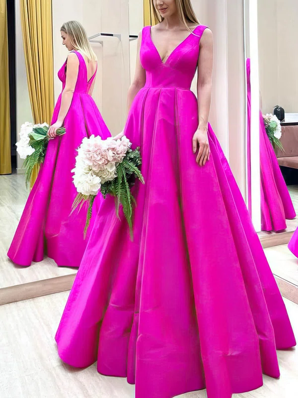 Ball Gown/Princess V-neck Satin Floor-length Prom Dresses #UKM020114755