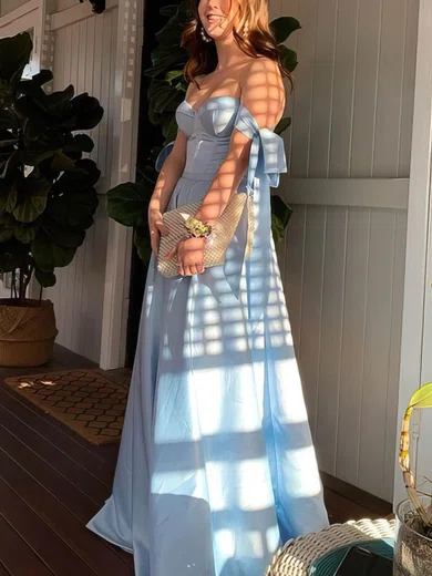 A-line Off-the-shoulder Satin Floor-length Prom Dresses With Bow #UKM020114758