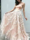 A-line Sweetheart Tulle Sweep Train Prom Dresses With Appliques Lace #UKM020114769