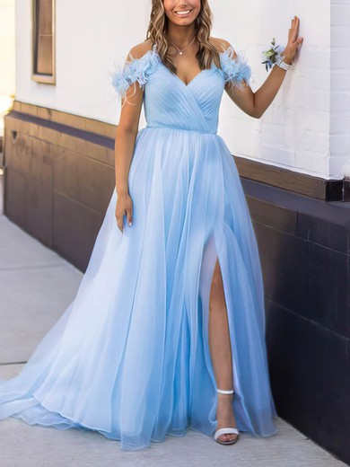 Princess Off-the-shoulder Tulle Sweep Train Prom Dresses With Feathers / Fur #UKM020114770