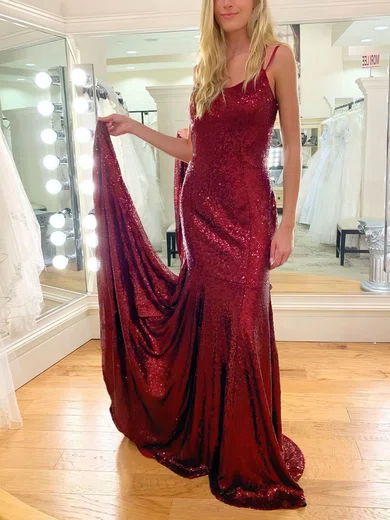 Trumpet/Mermaid Scoop Neck Sequined Sweep Train Prom Dresses #UKM020114785