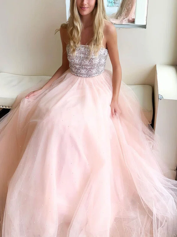 Princess Strapless Tulle Floor-length Prom Dresses With Pearl Detailing #UKM020114786