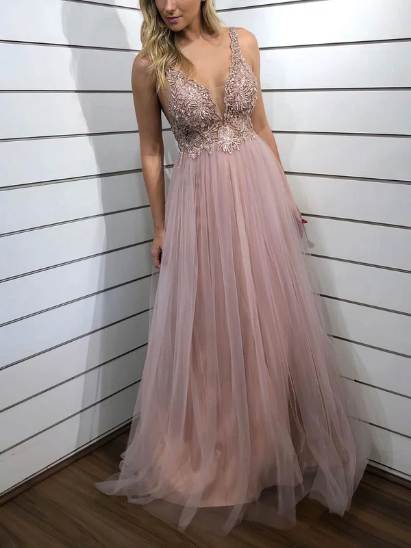 A-line V-neck Tulle Floor-length Prom Dresses With Appliques Lace #UKM020114789