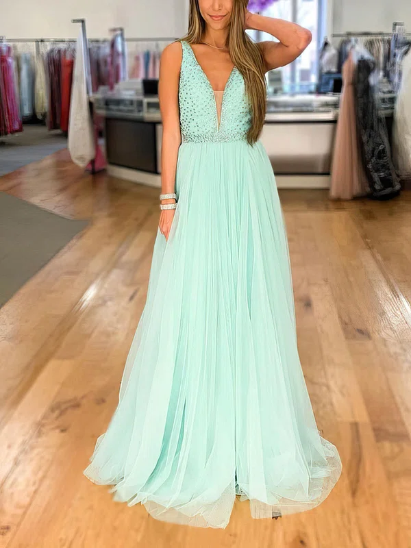 A-line V-neck Tulle Floor-length Prom Dresses With Sashes / Ribbons #UKM020114792