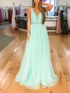 A-line V-neck Tulle Floor-length Prom Dresses With Sashes / Ribbons #UKM020114792