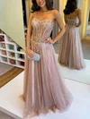 A-line Sweetheart Tulle Glitter Floor-length Prom Dresses With Appliques Lace #UKM020114796