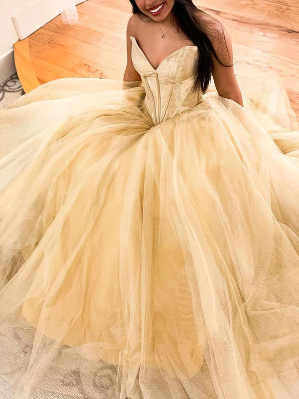 Ball Gown V-neck Tulle Glitter Sweep Train Prom Dresses #UKM020114797