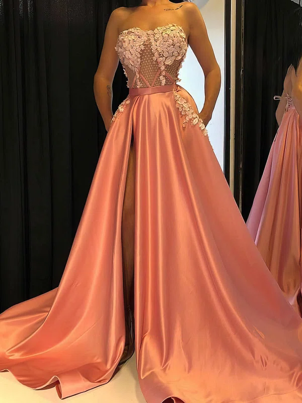 A-line Strapless Satin Sweep Train Prom Dresses With Pockets #UKM020114799