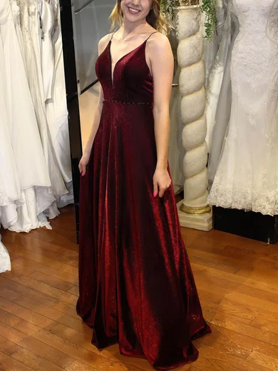 A-line V-neck Shimmer Crepe Floor-length Prom Dresses With Sashes / Ribbons #UKM020114805