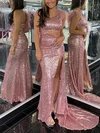 Sheath/Column One Shoulder Sequined Sweep Train Prom Dresses With Feathers / Fur #UKM020114807