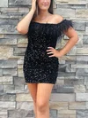 Sheath/Column Off-the-shoulder Sequined Short/Mini Short Prom Dresses With Feathers / Fur #UKM020114815