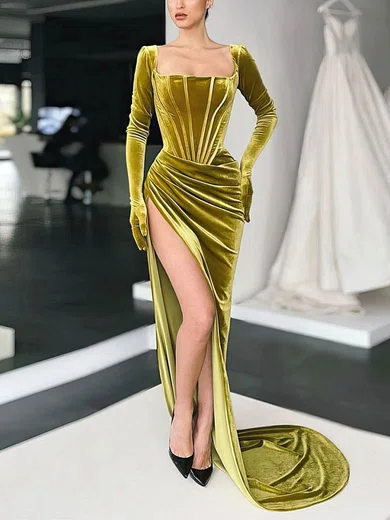 Sheath/Column Square Neckline Velvet Sweep Train Evening Dresses With Split Front PT020114823