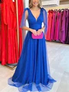 A-line V-neck Tulle Floor-length Prom Dresses With Sashes / Ribbons #UKM020114826