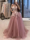 Ball Gown Off-the-shoulder Tulle Sweep Train Prom Dresses With Sashes / Ribbons #UKM020114828