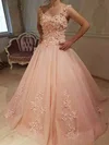 Ball Gown Scoop Neck Tulle Sweep Train Prom Dresses With Flower(s) #UKM020114832