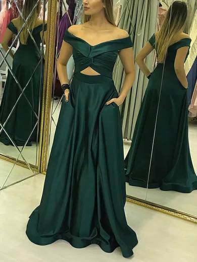 A-line Off-the-shoulder Satin Floor-length Prom Dresses With Pockets #UKM020114840