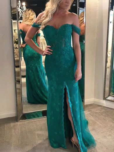 Sheath/Column Off-the-shoulder Tulle Sweep Train Prom Dresses With Split Front #UKM020114841