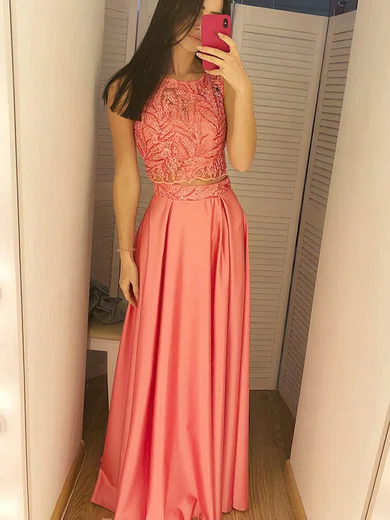 A-line Scoop Neck Silk-like Satin Floor-length Prom Dresses With Sashes / Ribbons #UKM020114846