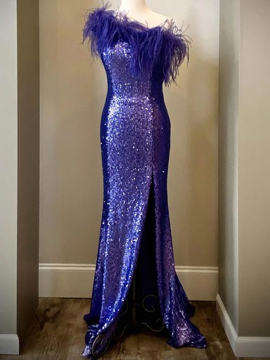 Sheath/Column One Shoulder Sequined Sweep Train Prom Dresses With Feathers / Fur #UKM020114856