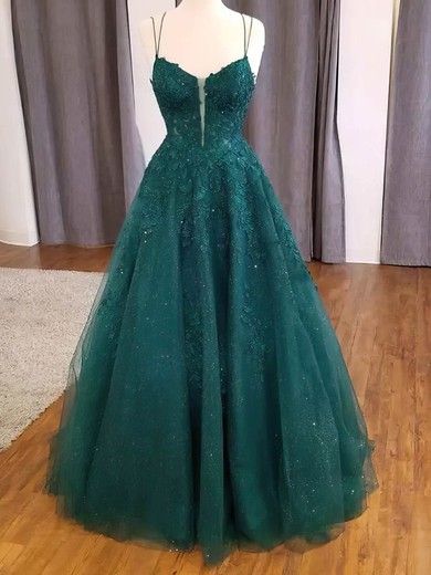 Ball Gown V-neck Tulle Glitter Floor-length Appliques Lace Prom Dresses #UKM020114858