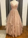 A-line V-neck Tulle Glitter Floor-length Prom Dresses With Cascading Ruffles #UKM020114862