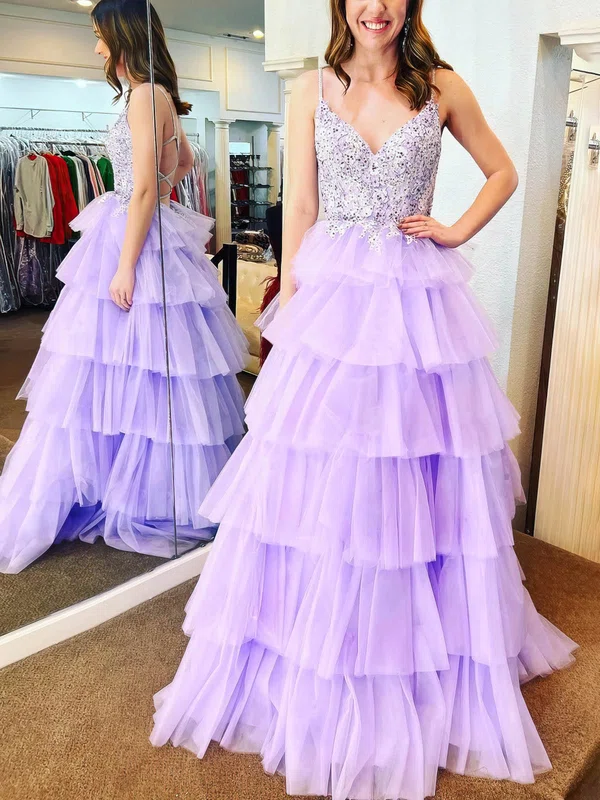 Princess V-neck Tulle Sweep Train Prom Dresses With Tiered #UKM020114863