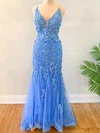 Trumpet/Mermaid V-neck Tulle Sweep Train Prom Dresses With Appliques Lace #UKM020114865