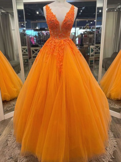 Ball Gown V-neck Tulle Sweep Train Prom Dresses With Beading #UKM020114867